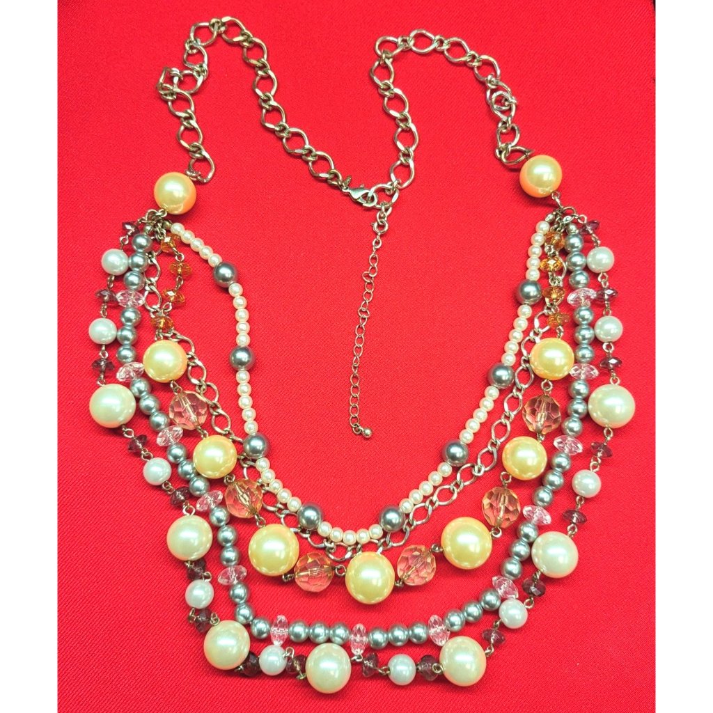 Saq Pearl Multi Strand Statement Bead Silver Necklace